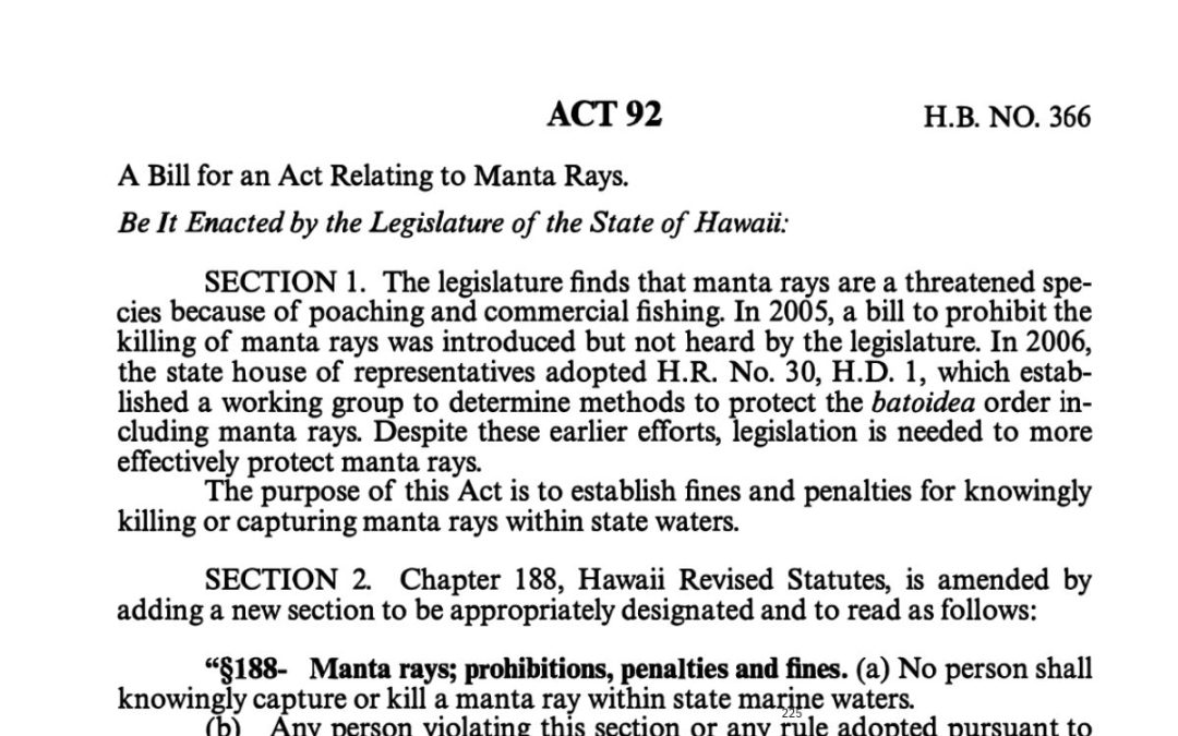 Protecting Manta Rays in Hawaii: Act 92 (2009)